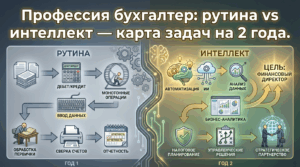 Инфографика: эволюция профессии бухгалтера, сравнение рутинных и интеллектуальных задач на карте развития