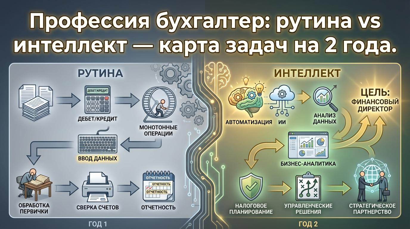 Инфографика: эволюция профессии бухгалтера, сравнение рутинных и интеллектуальных задач на карте развития